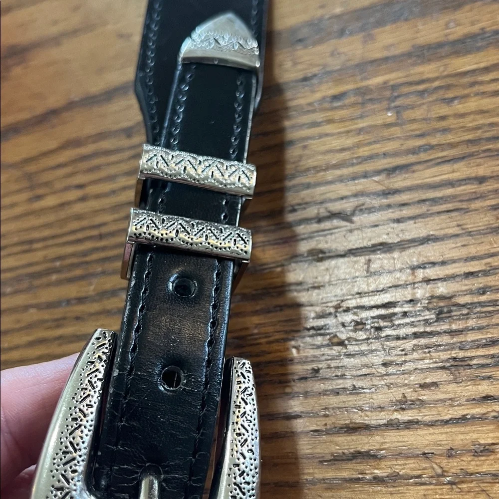 Leather black belt with double buckle silver hardware